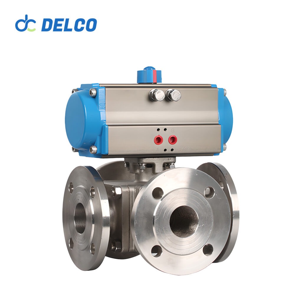 Stainless Steel 4 Way Flange pneumatic Ball Valves-DELCO Valve