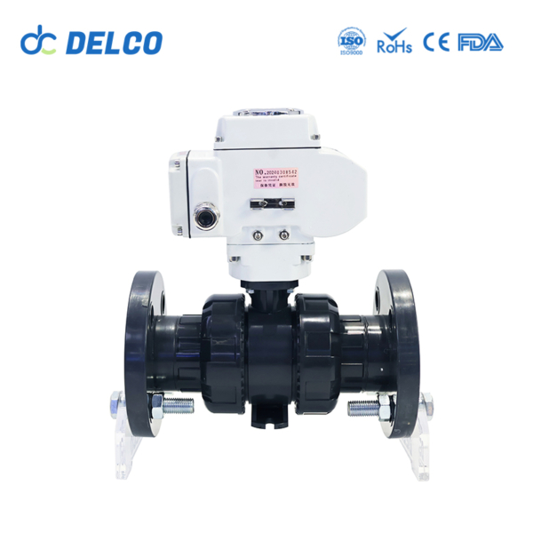 DELCO Electric Double Union Flange Type Plastic PVC Ball Valve