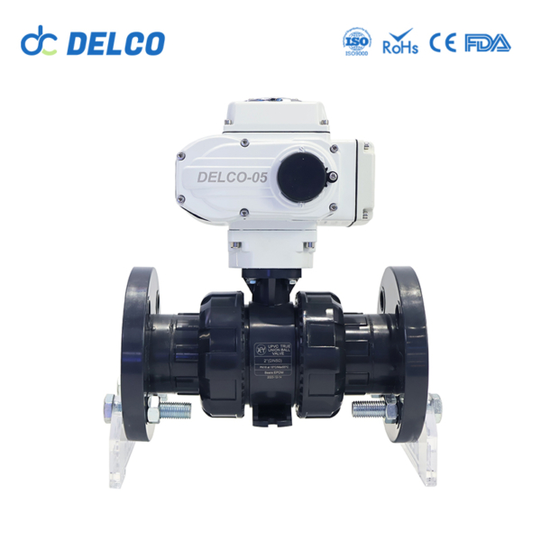 DELCO Electric Double Union Flange Type Plastic PVC Ball Valve